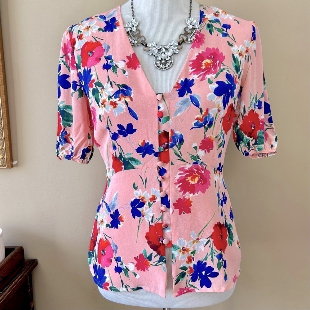Yumi Kim Pink Floral Print Puff Sleeve Silk Blouse V-Neck Button Front Top S